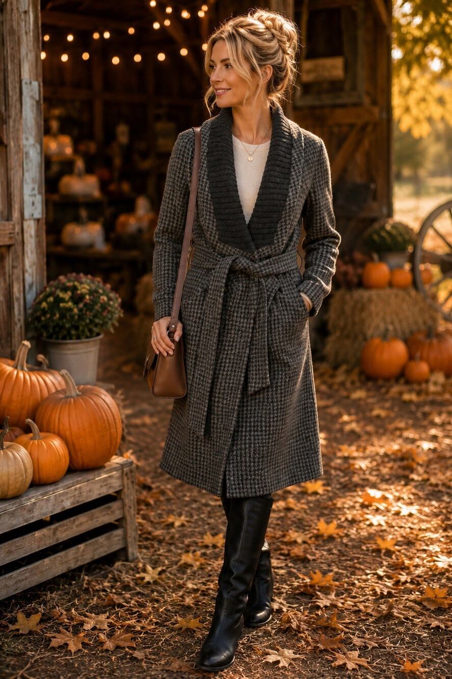 Pringle 1815 Scotland Houndstooth Grey Shawl Collar Belted Wrap Coat Size US 4